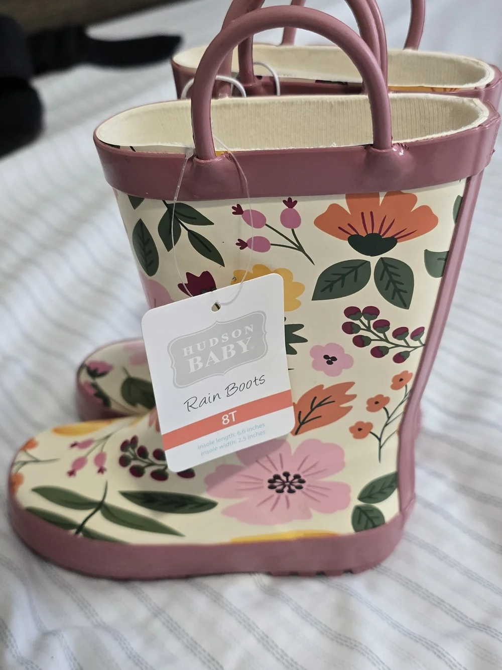 Hudson Baby Cream Floral Rain Boots with Pink Trim